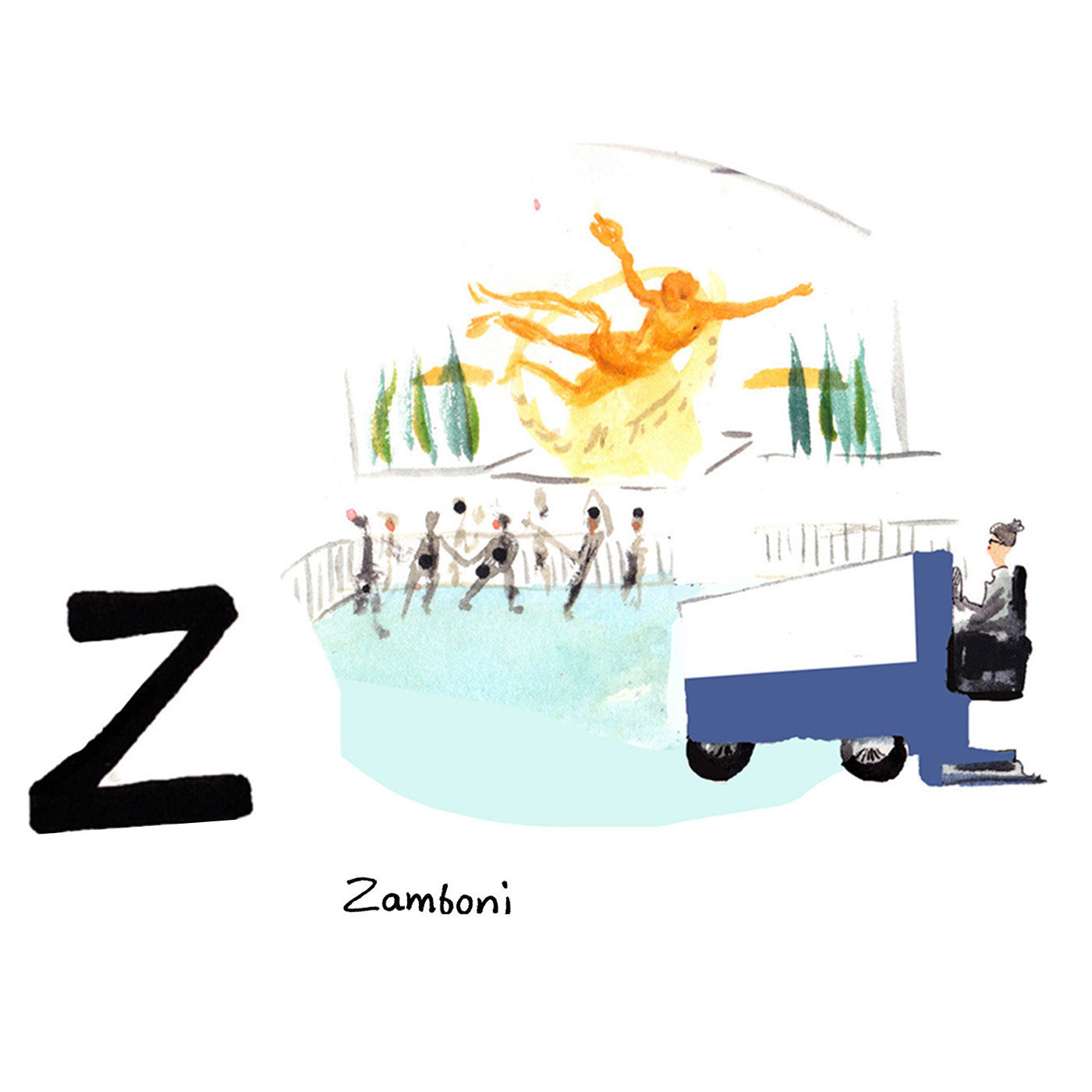 Z is for Zamboni. A zamboni is an ice rink cleaning and resurfacing device invented in 1949 by Frank Zamboni. They can be found smoothing the Rockefeller Center ice skating rink in the winter months. 