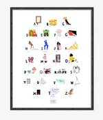 Contemporary Art ABC Print completed by New York City based artist, Pauline de Roussy de Sales. Artwork examples by blue chip contemporary artists such as Tracey Emin, Banksy, Andy Warhol, Jean-Michel Basquiat, and Damian Hirst. In black bamboo frame.