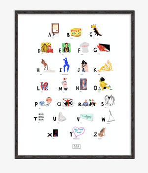 Contemporary Art ABC Print completed by New York City based artist, Pauline de Roussy de Sales. Artwork examples by blue chip contemporary artists such as Tracey Emin, Banksy, Andy Warhol, Jean-Michel Basquiat, and Damian Hirst. In black bamboo frame.