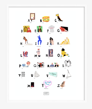 Contemporary Art ABC Print completed by New York City based artist, Pauline de Roussy de Sales. Artwork examples by blue chip contemporary artists such as Tracey Emin, Banksy, Andy Warhol, Jean-Michel Basquiat, and Damian Hirst. In white frame.