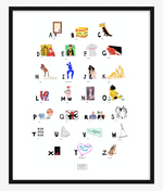 Contemporary Art ABC Print completed by New York City based artist, Pauline de Roussy de Sales. Artwork examples by blue chip contemporary artists such as Tracey Emin, Banksy, Andy Warhol, Jean-Michel Basquiat, and Damian Hirst. In Black Frame