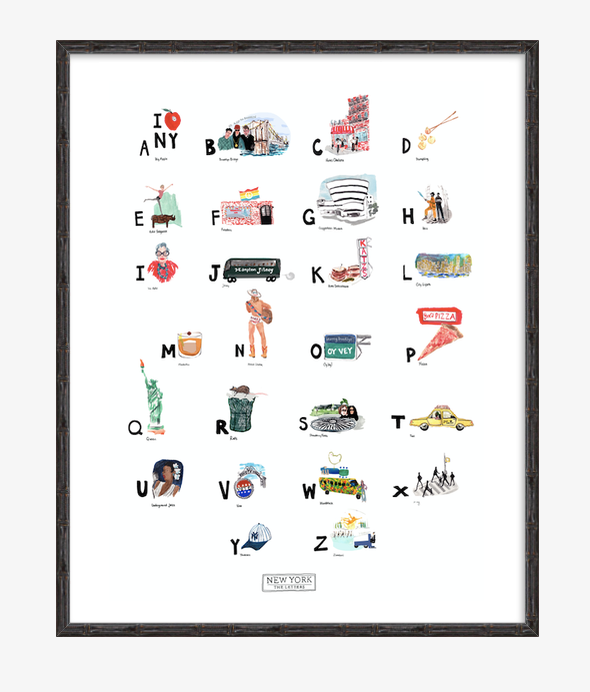 New York ABC Print completed by New York City based artist, Pauline de Roussy de Sales. Letter references of the Big Apple, Chelsea Hotel, fashion maven Iris Apfel, Central Park, and jazz master Billie Holiday. In Black bamboo Frame.