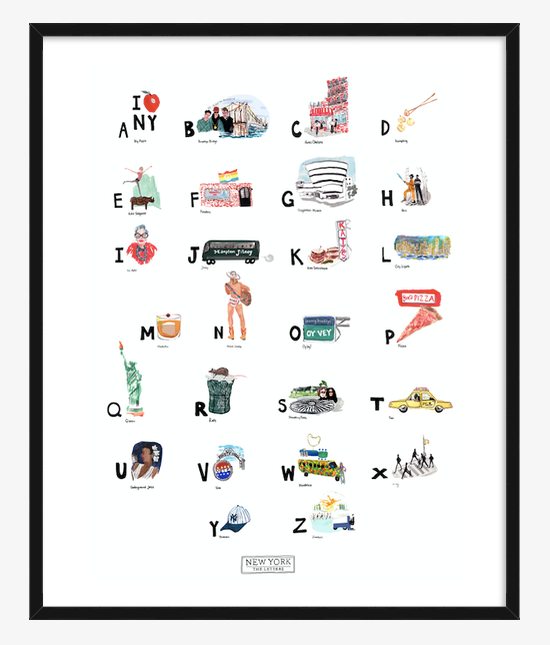 New York ABC Print completed by New York City based artist, Pauline de Roussy de Sales. Letter references of the Big Apple, Chelsea Hotel, fashion maven Iris Apfel, Central Park, and jazz master Billie Holiday. In Black Frame.