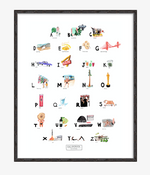California ABC Print completed by New York City based artist, Pauline de Roussy de Sales. Letter references of California favorites such as Marilyn Monroe, Rolling Stone Magazine, Barbie, Beverly Hills Hotel, Yoga, Napa Valley, Hip Hop, and Muscle Beach. In Black Bamboo Frame