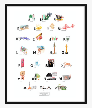 California ABC Print completed by New York City based artist, Pauline de Roussy de Sales. Letter references of California favorites such as Marilyn Monroe, Rolling Stone Magazine, Barbie, Beverly Hills Hotel, Yoga, Napa Valley, Hip Hop, and Muscle Beach. In Black Frame