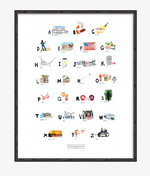 South Carolina ABC Print completed by New York City based artist, Pauline de Roussy de Sales. Letter references are of southern architecture, James Brown, sweet Carolina peaches, loggerhead turtle, and the famous South Carolina oyster roasts. In black bamboo frame.