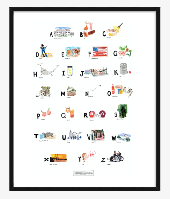 South Carolina ABC Print completed by New York City based artist, Pauline de Roussy de Sales. Letter references are of southern architecture, James Brown, sweet Carolina peaches, loggerhead turtle, and the famous South Carolina oyster roasts. In black frame