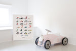 contemporary architectural white wood floor exposed ceiling beams antique car nursery inspiration. New York ABC Print completed by New York City based artist, Pauline de Roussy de Sales. Letter references of the Big Apple, Chelsea Hotel, fashion maven Iris Apfel, Central Park, and jazz master Billie Holiday. 