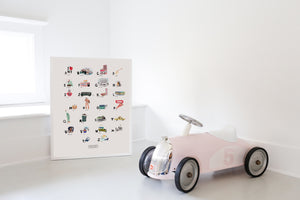 contemporary architectural white wood floor exposed ceiling beams antique car nursery inspiration. New York ABC Print completed by New York City based artist, Pauline de Roussy de Sales. Letter references of the Big Apple, Chelsea Hotel, fashion maven Iris Apfel, Central Park, and jazz master Billie Holiday. 
