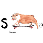 S is for Skateboard. The first skateboard was created in a Los Angeles surf shop. Shop owner, Bill Richard, partnered with the Chicago Roller Skate Company to produce skate wheels to be attached to the rectangular shaped, wooden skateboard decks.