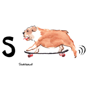 S is for Skateboard. The first skateboard was created in a Los Angeles surf shop. Shop owner, Bill Richard, partnered with the Chicago Roller Skate Company to produce skate wheels to be attached to the rectangular shaped, wooden skateboard decks.