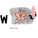 W is for Walk of Fame. The Walk of Fame is a stretch of sidewalk on Hollywood Boulevard where the entertainment success of actors, musicians, film directors and producers are memorialized. 