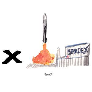 X is for SpaceX. SpaceX is a private aerospace manufacturer and space transportation service company located outside of Los Angeles, founded by Elon Musk.