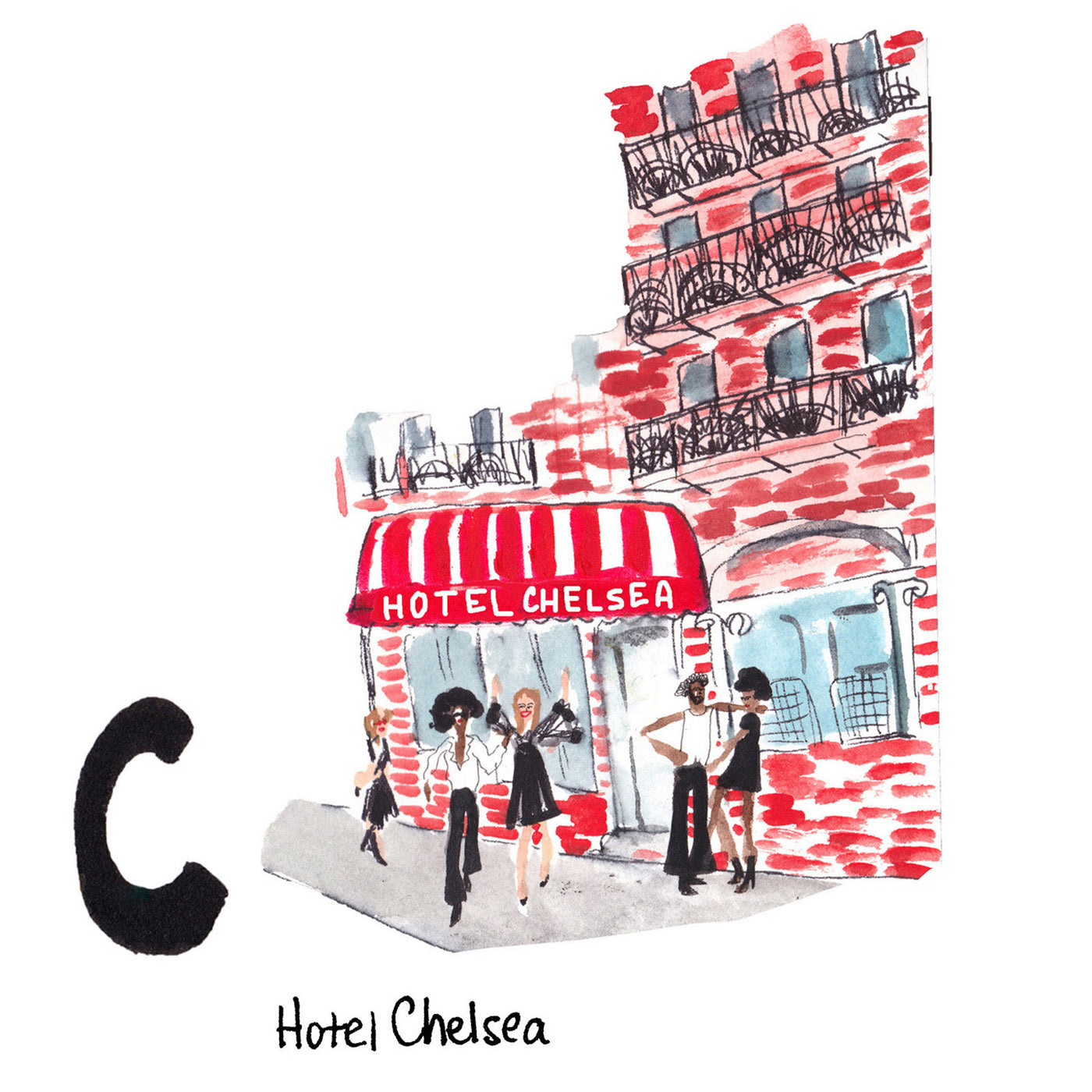 C is for Hotel Chelsea. The Hotel Chelsea is an iconic Chelsea landmark. It has been called home by famous writers, artists and musicians over many decades. Leonard Cohen wrote the song “Chelsea Hotel No 2” in 1974, vibrantly describing the creative, art fueled bohemian lifestyle of 1970s New York City.
