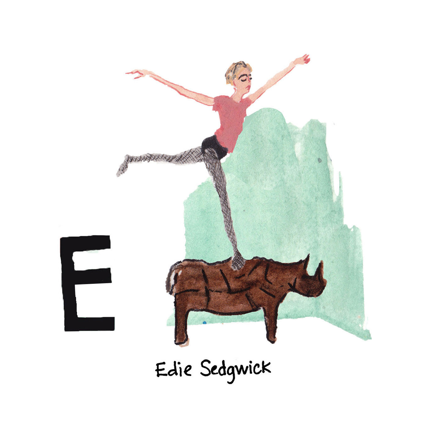 E is for Edie Sedgwick. Edie Sedgwick was a 1960s actress, ‘it girl’ and model from California. She was famously known as one of Andy Warhol’s muses from The Factory, starring in many of his short films.