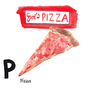 P is for Pizza. The first pizzeria in the United States was founded in 1905 in a small grocery store in Little Italy. The original New York City pizzas were made with cheese on the bottom and sauce on top.