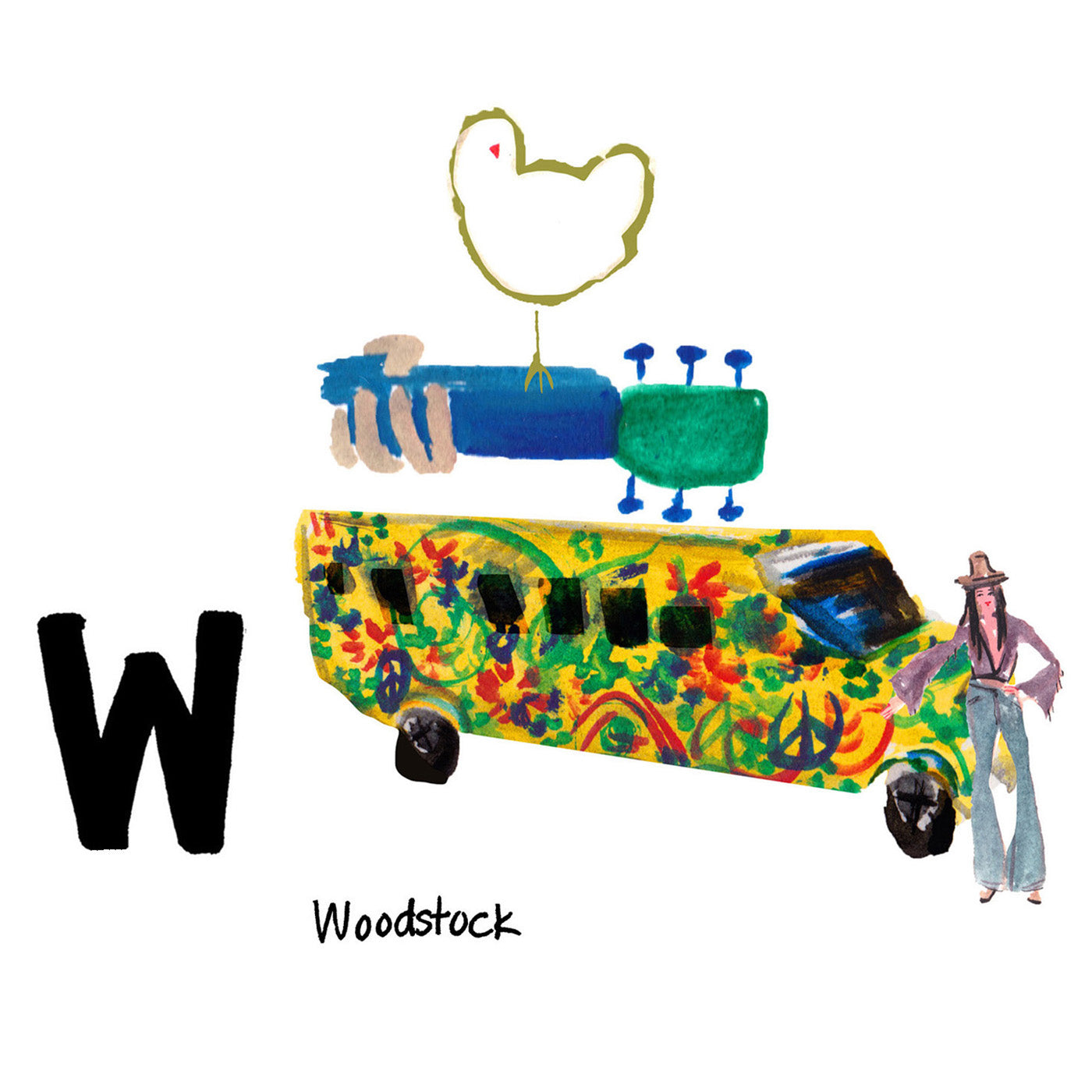 W is for Woodstock. The music festival was hosted in 1969 by a dairy farm in Bethel, NY after the towns of Woodstock and Wallkill refused. It lasted four days and had around 400,000 attendees.