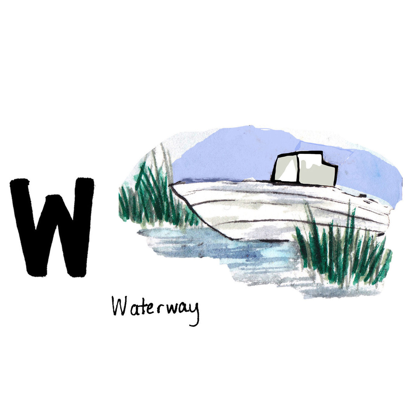 W is for Waterway. The Intercoastal Waterway began construction in North Carolina soon after the American Revolution. This inland waterway stretches 3,000 miles from Boston to the tip of Florida and further along the Gulf Coast to Brownsville, Texas. Its waterways are enjoyed by both commercial ships and boat enthusiasts. 